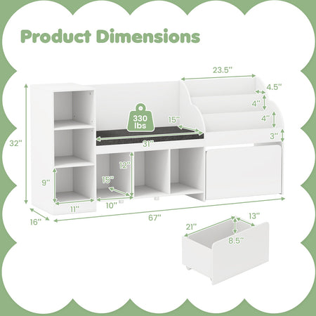Kids Bookcase with Reading Nook 4-in-1 Standing Toy Organizer-White