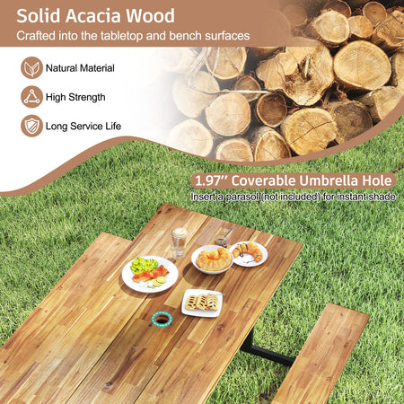6-Person Acacia Wood Picnic Table with 2 Built-In Benches