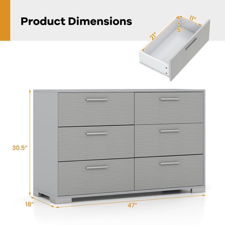 6 Drawer Storage Cabinet with Metal Legs Handles with Anti-Toppling Devices-Grey