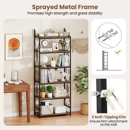 6-Tier Bookshelf Industrial Bookcase with 2 Anti-Tipping Kits and Metal Frame-Rustic Brown