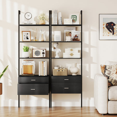 6-Tier Ladder Bookcase with 2 Drawers and Metal Frame-Black