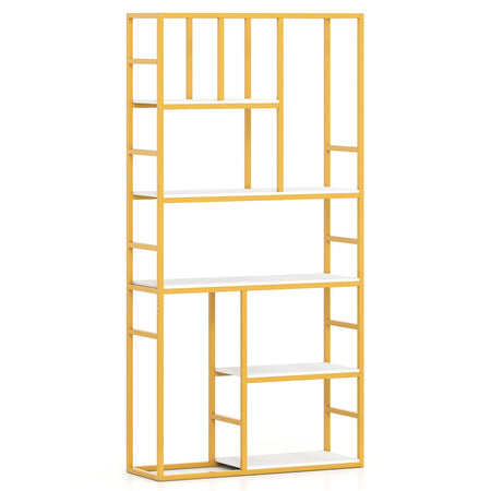 71 Inch Tall Bookshelf Metal Frame 5-Tier Geometric Bookcase-White & Golden