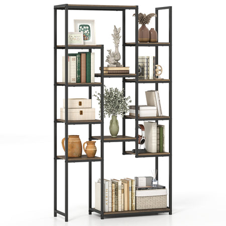 71 Inch Tall Vintage Geometric Bookshelf 12 Open Shelves-Walnut