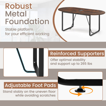 71 Inches Executive Table Oval Home Office Table with Cable Management Hole-Rustic Brown