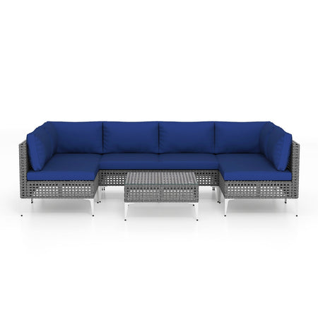 7 Piece Outdoor Furniture Set Wicker Chairs with Tempered Glass Coffee Table-Navy