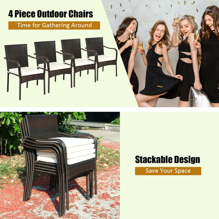 Set of 4 Patio Rattan Stackable Dining Chair with Cushioned Armrest for Garden