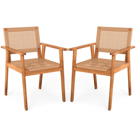 Acacia Wood Outdoor Dining Chairs Set of 2 PE Rattan Patio Chairs with Backrests and Armrests