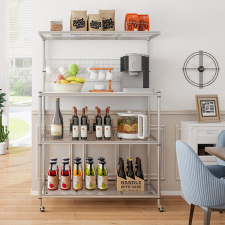 4-Tier Bakers Rack on Wheels with Adjustable Shelves-Silver