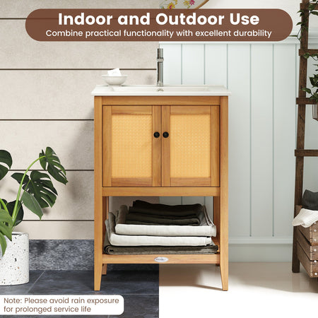 Bathroom Vanity with Ceramic Sink 2 Rattan Doors and Slatted Shelf