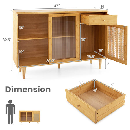 Modern Bamboo Buffet Sideboard Cabinet with Tempered Glass Sliding Doors-Natural