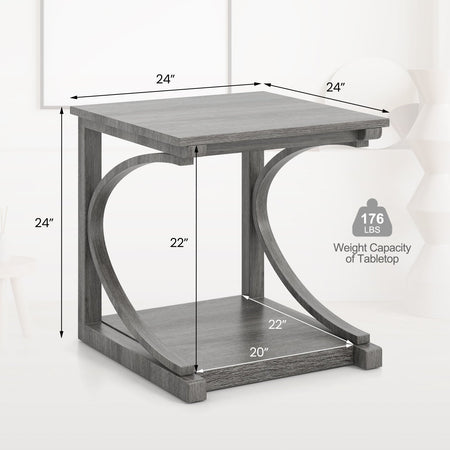 C-shaped 24 Inch 2 Tier Square End Table Sofa Side Table-Grey