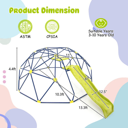 13.3 FT Climbing Dome Geometric Dome Climber with Extended Wavy Slide and 2 Rest Platforms-Multicolor
