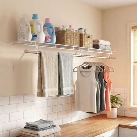 Closet Shelves Wall Mounted with Hanging Rod for Laundry Room