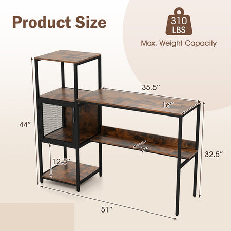 Computer Desk with Bookshelf Home Office Desk with Storage Cabinet and Shelves-Rustic Brown