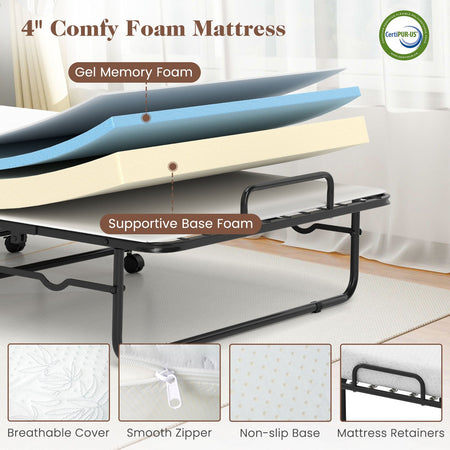Cot Size Folding Bed Frame with Memory Foam Mattress and Metal Frame