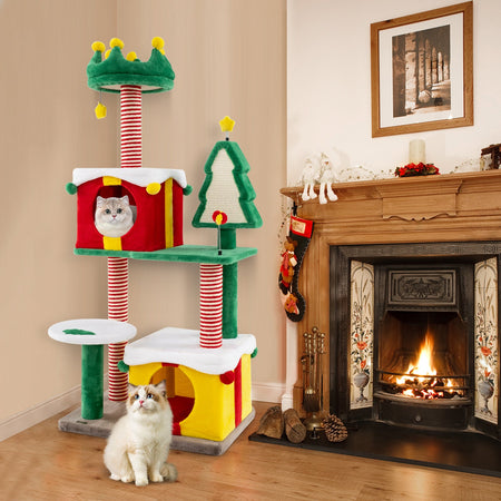 Cute Christmas Cat Tree Cat Tower for Indoor Cats with Scratching Posts and Carpet-Multicolor