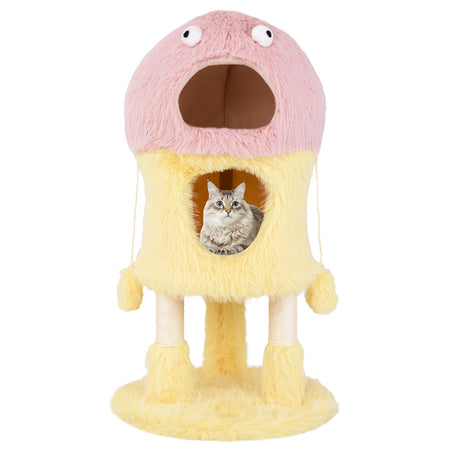 Cute Monster-Themed Cat Tower with 2 Private Condos and 3-Level Activity Center-Yellow