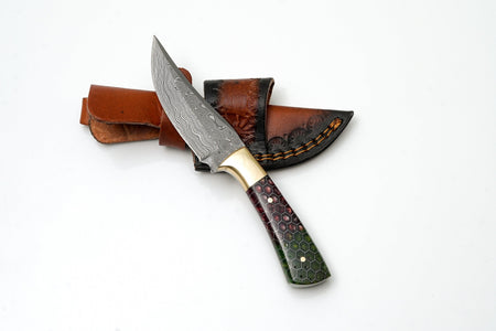 Hand-Forged Damascus Steel Field Knife | Custom Red & Green Honeycomb Resin Handle | Brass Bolster Edition TK-462