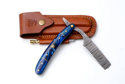 Damascus straight razor with blue resin handle TK-528