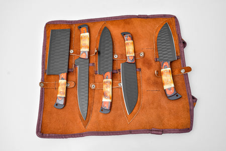 5-Piece  Knife Set / With Leather carry Bag Burnt Bone - TK-089 X