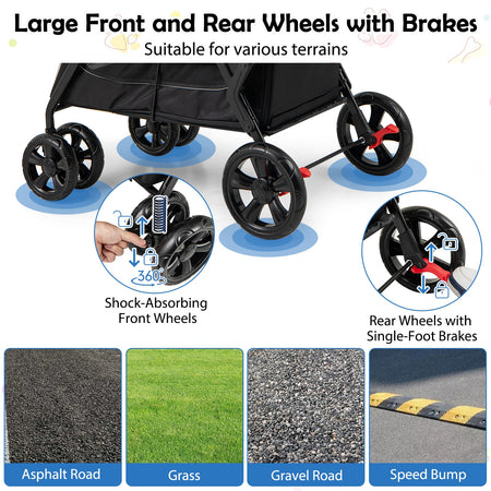 Dog Stroller for Medium Small Senior Elderly Dogs with Dual Entry-Black