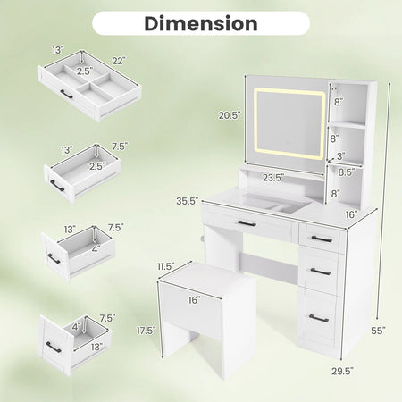 Dressing Desk with 3 Color Lighting and Hair Dryer Stand-White