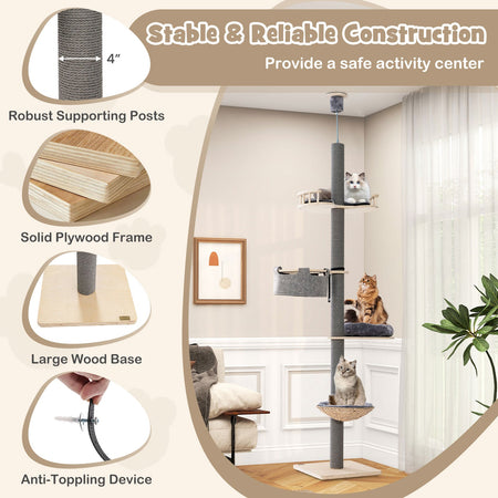 Floor to Ceiling Cat Tree with 93 Inch-107 Inch Adjustable Height-Gray