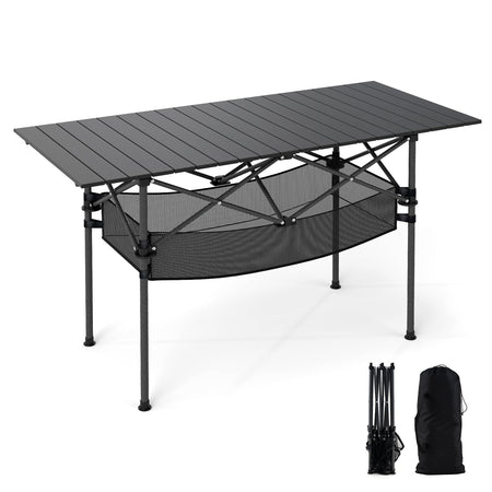 Patio Folding Camping Table with Roll-up Tabletop and Mesh Basket
