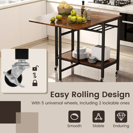Folding Dining Table with Expandable Laptop with Wine Rack and Wheels-Rustic Brown