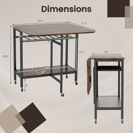 Folding Dining Table with Expandable Laptop with Wine Rack and Wheels-Rustic Brown