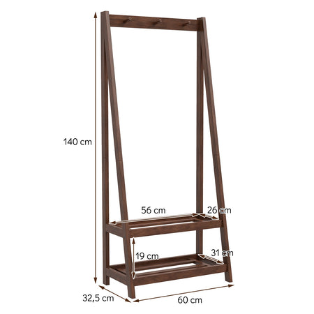 Freestanding Clothes Rack with 3 Hooks and 2 Shelves-Walnut