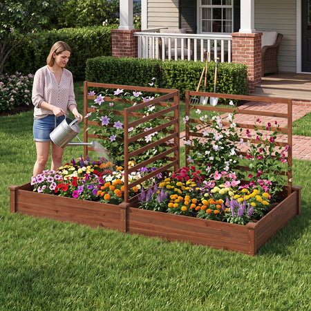 Raised Garden Bed with 2 Planter Boxes and 3 Trellis-Natural