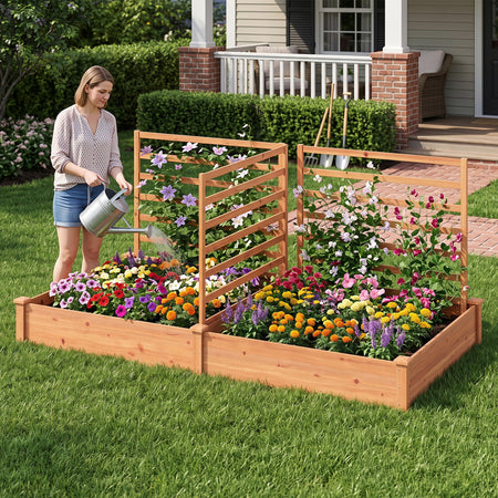 Raised Garden Bed with 2 Planter Boxes and 3 Trellis-Natural