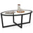 Glass Coffee Table Oval Living Room Table with Cross Base and Acacia Wood Legs-Black