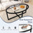 Glass Coffee Table Oval Living Room Table with Cross Base and Acacia Wood Legs-Black