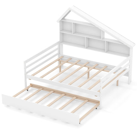 House-Shaped Full Size Daybed with Twin Size Trundle-White