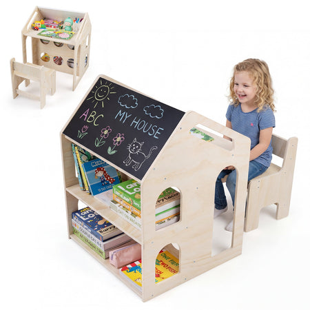 House-shaped Wooden Activity Kids Table Chair Set-Natural