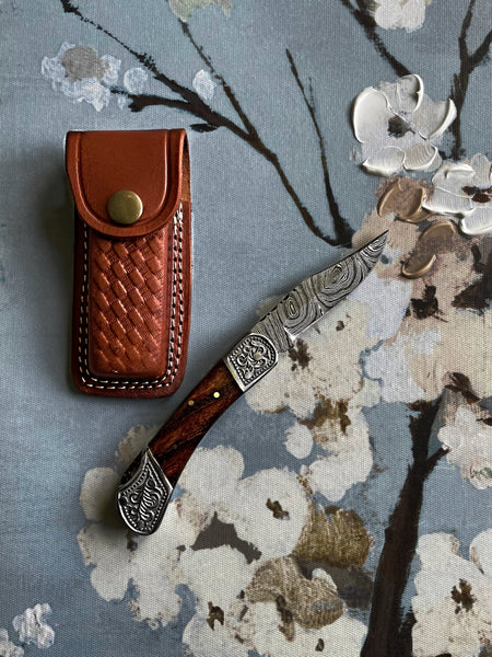 POCKET KNIFE WALNUT WOOD 6.5'' DAMASCUS STEEL KNIFE STEEL BOLSTER BACK LOCK FOLDING KNIFE TF-010