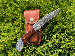 POCKET KNIFE WALNUT WOOD 6.5'' DAMASCUS STEEL KNIFE STEEL BOLSTER BACK LOCK FOLDING KNIFE TF-010