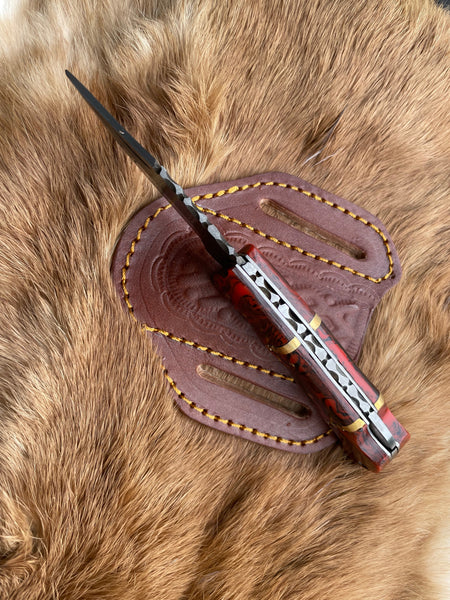 POCKET KNIFE RED RESIN WOOD 6.5'' DAMASCUS STEEL KNIFE STEEL BOLSTER BACK LOCK FOLDING KNIFE BP-18