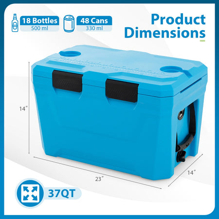 Insulated Portable Cooler Hard Shell Ice Chest with 2 Cup Holders Bottle Opener and Drain Plug