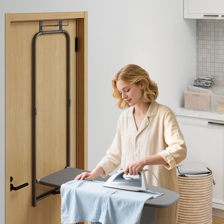Over the Door Ironing Board Space-Saving Metal Hanging Ironing Board-Gray