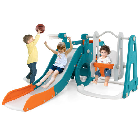 5-in-1 Kids Slide and Swing Set with Mini Bus and Basketball Hoop-Multicolor