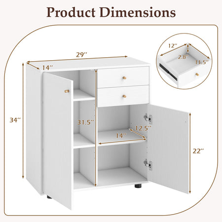 Kitchen Sideboard Buffet Cabinet Coffee Bar Cabinet with 2 Drawers 2 Doors and 3 Adjustable Shelves-White