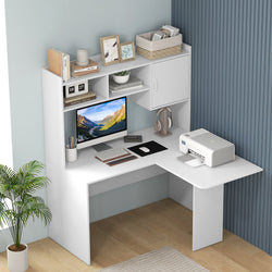 L-Shaped Desk Corner Computer Desk with Open Storage Hutch and Cabinet-White