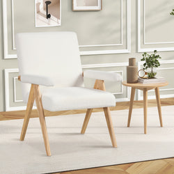 Mid Century Modern Accent Chair with Rubber Wood Frame and Padded Armrests-White