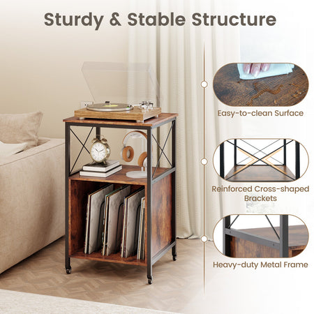 Mobile Record Player Stand with Power Outlet with Open Shelf and Dividers-Rustic Brown