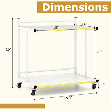Mobile Side Table 2-Tier Rolling End Table with Open Shelves & Golden Trimmed Edges-White