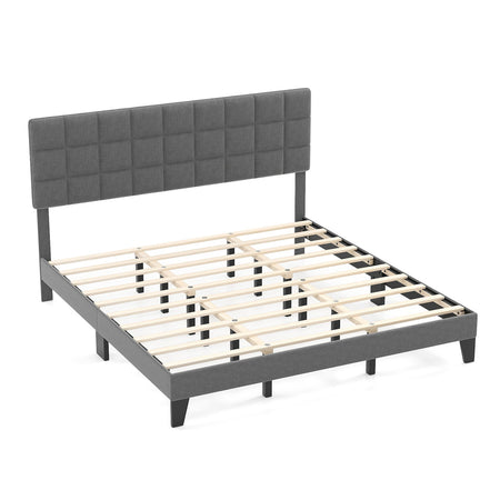 King Size Modern Linen Bed Frame with Adjustable Headboard-Gray
