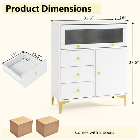Chest of Drawers with Flip Up Fluted Glass Door for Bedroom Kitchen-Gray
